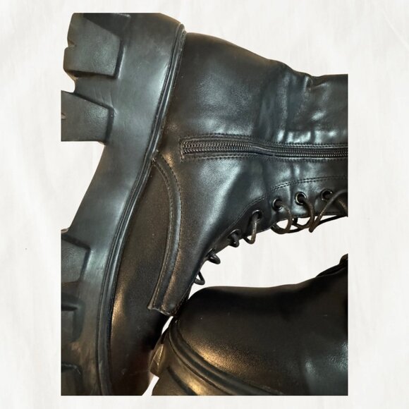 Black Faux Leather Lace-Up Chunky Boots - Picture 5 of 11